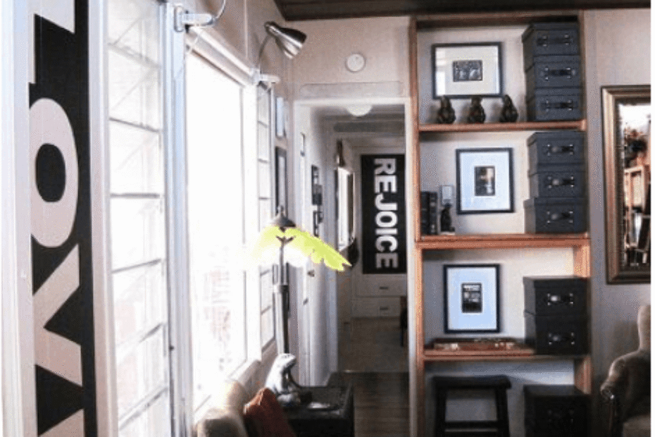 living room after complete remodel in vintage mobile home