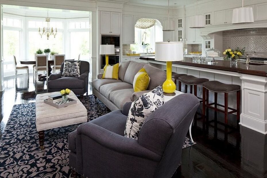 living room decor- grey and yelloow