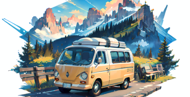 van, create ai, car, road, travel, background, mountain, sky, cloud, nature, camping, camper