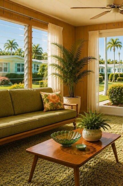 retro interior, mobile home, mid-century style, florida, period decor, tropical lifestyle, americana nostalgia, palm trees, jalousie windows, sunroom, cozy home, vintage furniture, paneled ceiling, feeling of comfort, summer vibe, retro architecture, comfortable lifestyle, jalousie, 1960s characteristics