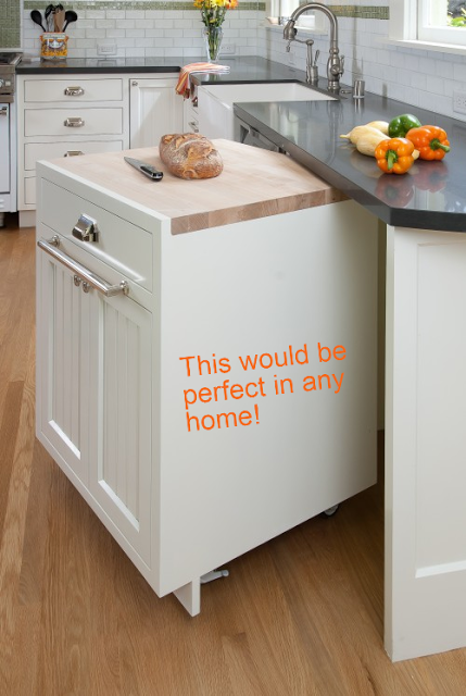 A rolling cart fits under the kitchen counter to maximize space