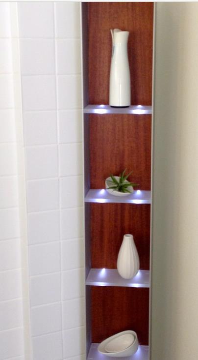 modern shelf in a single wide bathroom