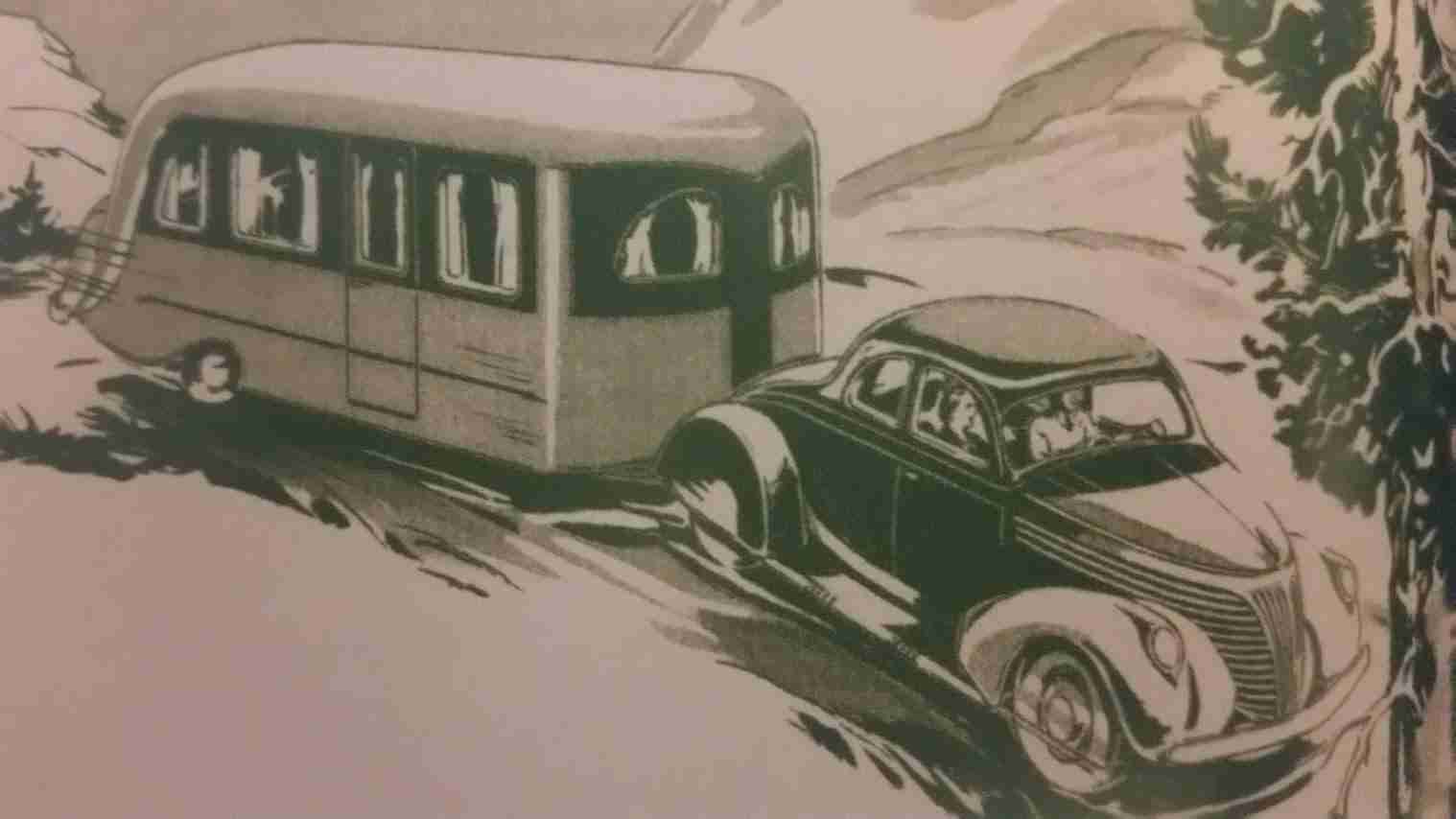 illustration of vintage camper being pulled