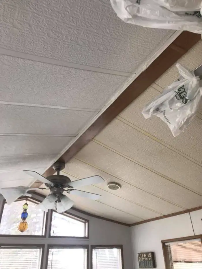 Yellowed mobile home ceiling