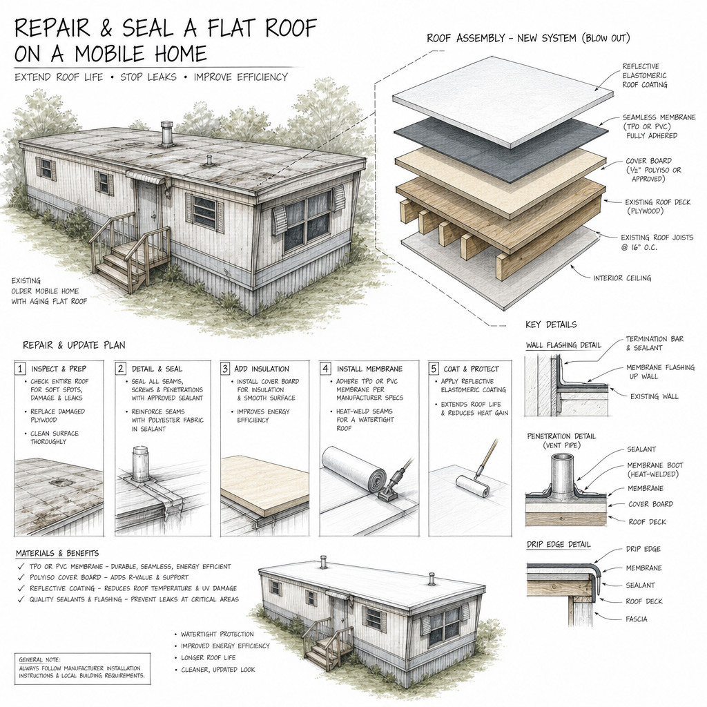 repair and seal a flat roof on a mobile home