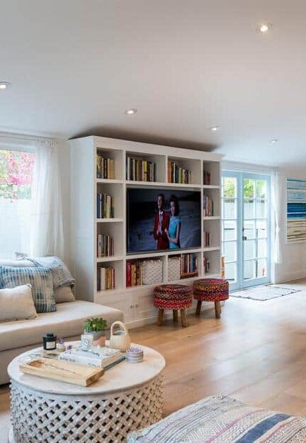 the living room in Pamela Anderson's Malibu double wide