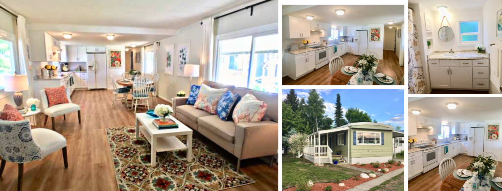 collage of beautiful mobile home interiors and exteriors