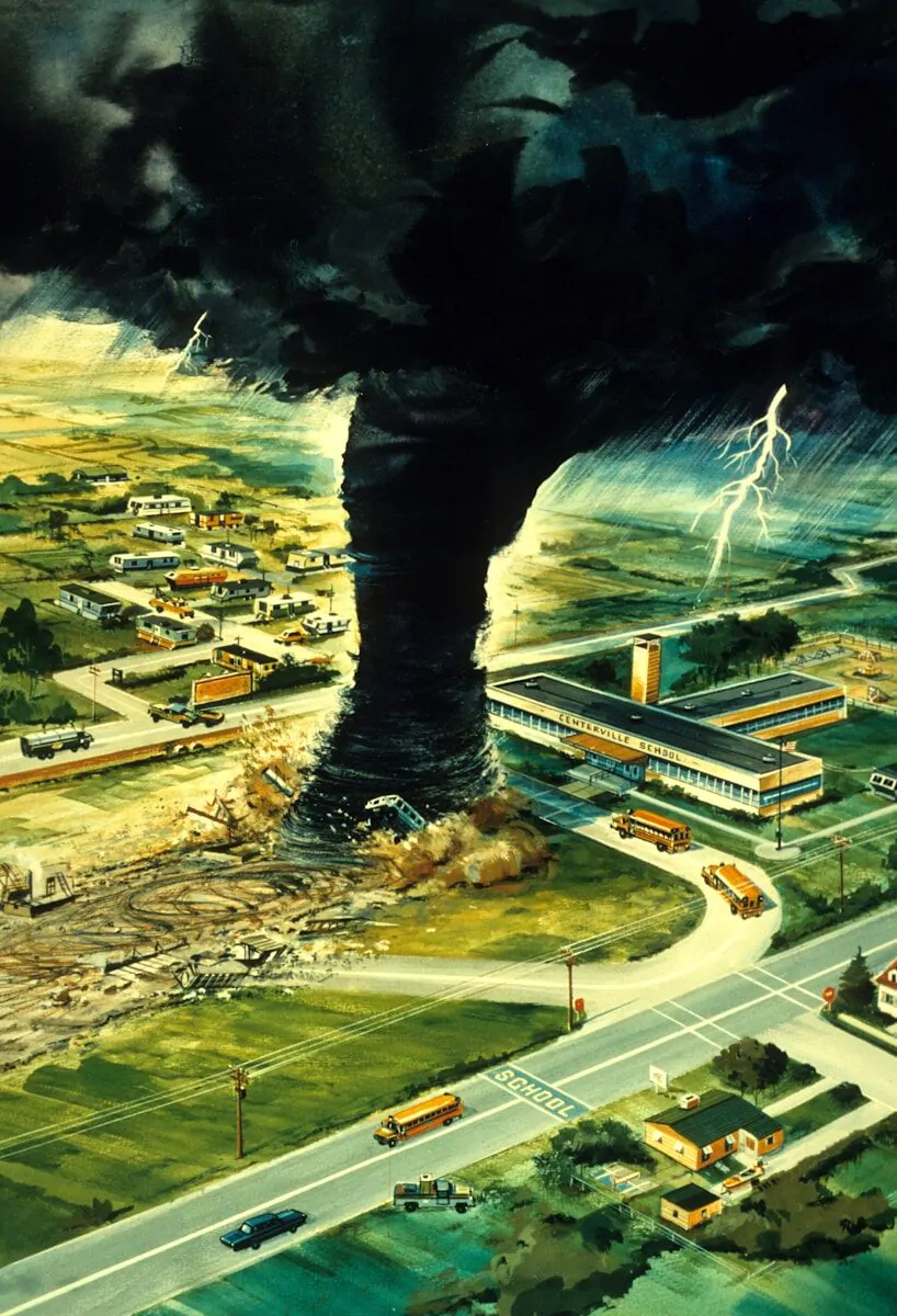 hurricane over mobile home park and school illustration