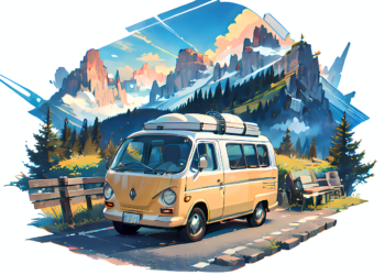 van, create ai, car, road, travel, background, mountain, sky, cloud, nature, camping, camper