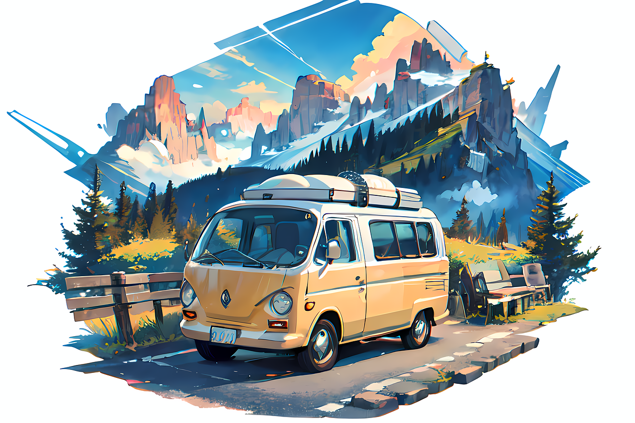 van, create ai, car, road, travel, background, mountain, sky, cloud, nature, camping, camper