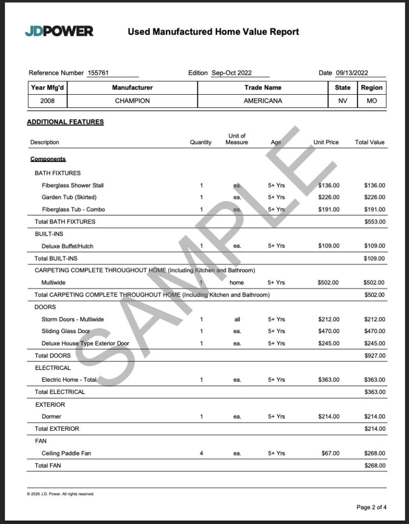 sample value report for mobile home