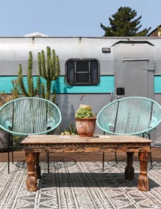 silver camper with great deck
