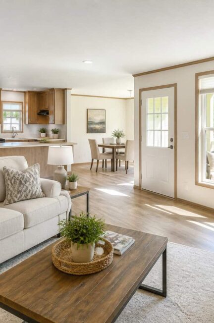 Bright open-concept living room with sofas, coffee table, kitchen, dining area, and windows overlooking a porch