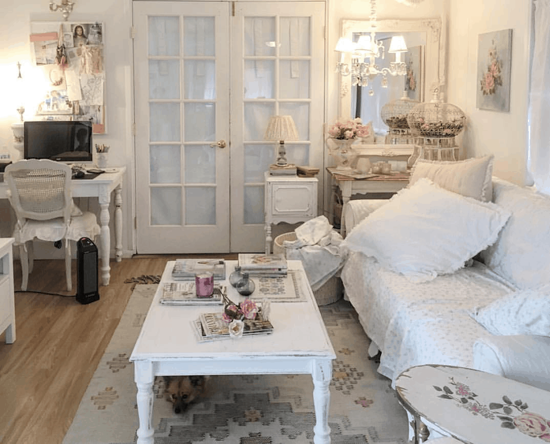 romantic shabby chic mobile home living room with french doors and decor