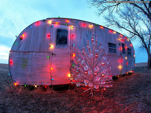 Christmas in a mobile home - old camper with christmas lights