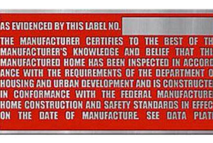 Example of a HUD Construction Code Label for a manufactured home