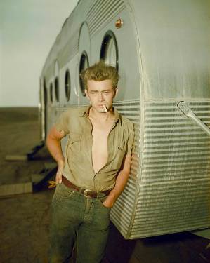 James Dean posing in front of an Airfloat travel trailer