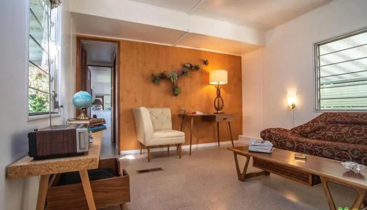1962 Skyline single wide is a Vintage Mobile Home Beauty - natural wood accent wall in living room