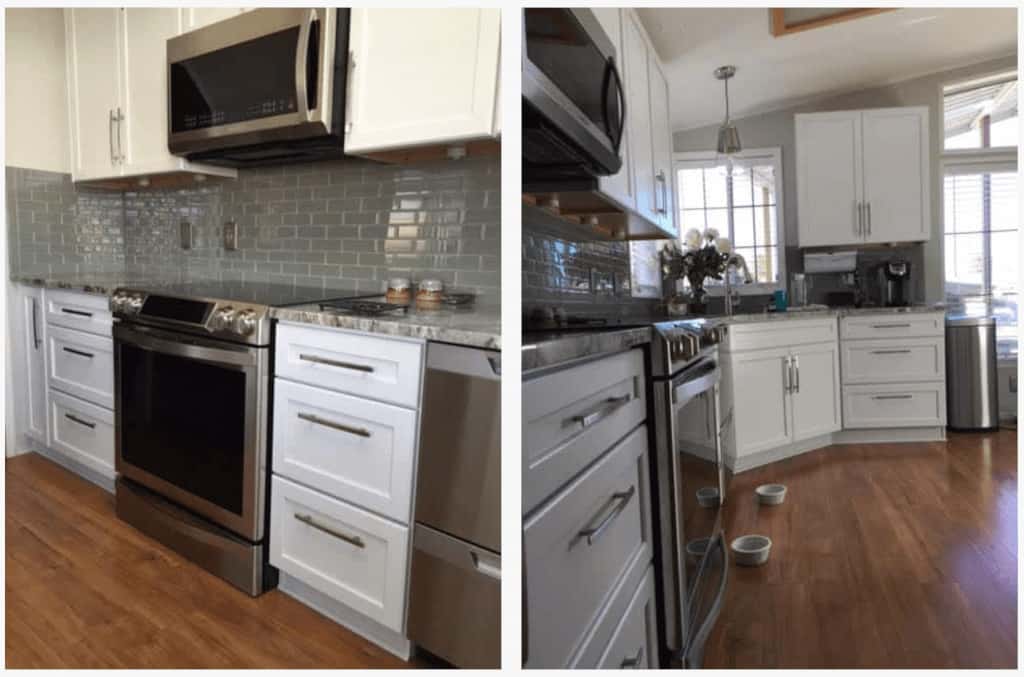 grey glass subway tile backsplash in mobile home