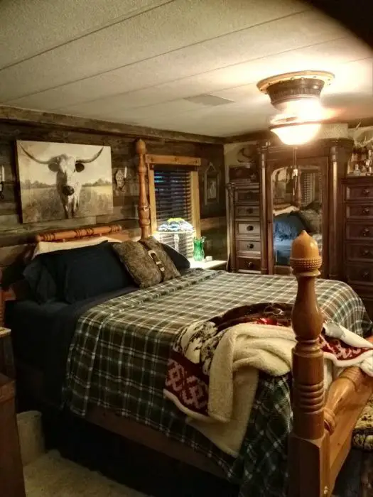 Double Wide get a DIY Rustic Cabin Makeover - rustic style bedroom after makeover 2