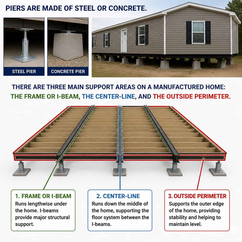 Diagram showing main support areas of a manufactured home including frame, center-line, and outside-.