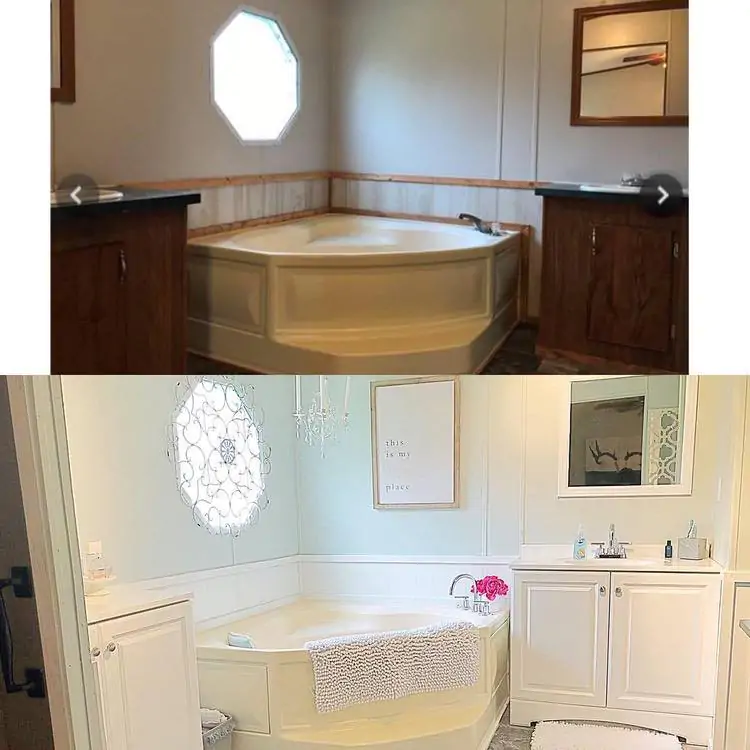 before and after images of a complete mobile home bathroom renovation