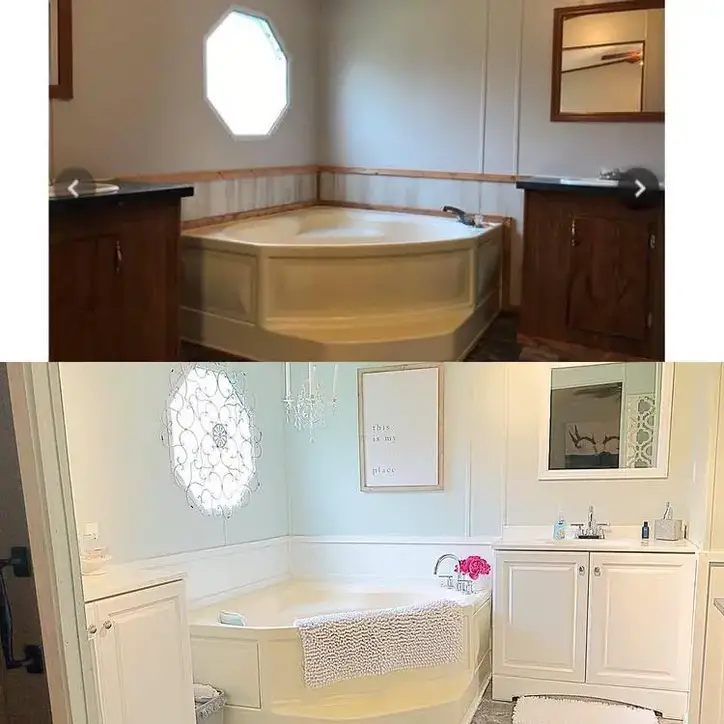 Before and after images of a complete mobile home bathroom renovation