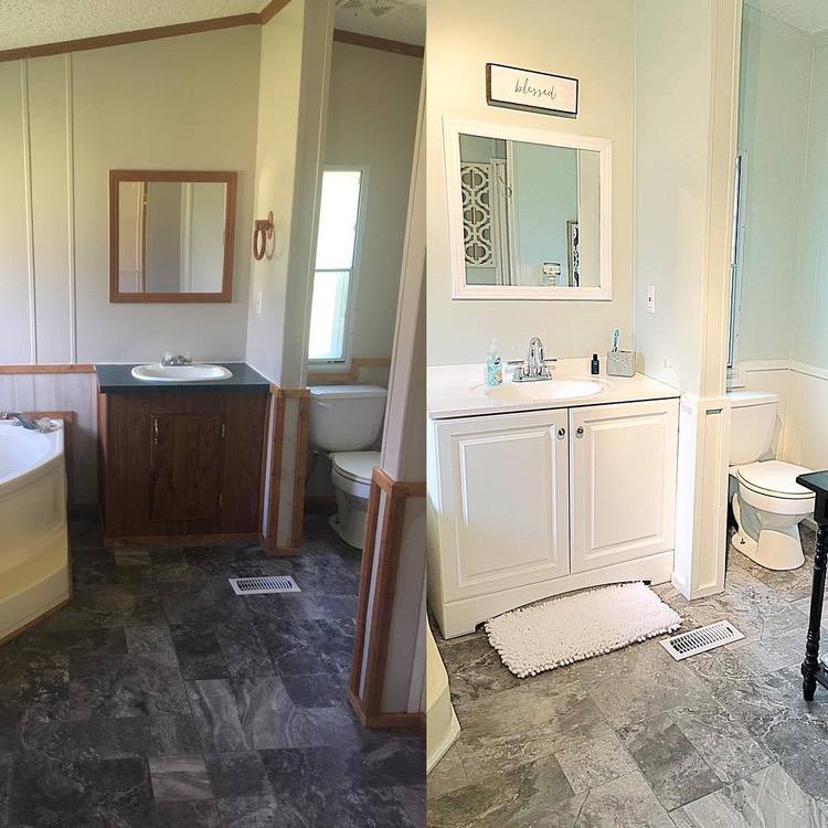 before and after images of a mobile home bathroom renovation