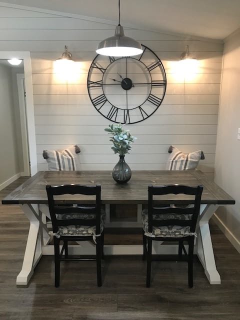coastal farmhouse mobile home remodel - dining room table after