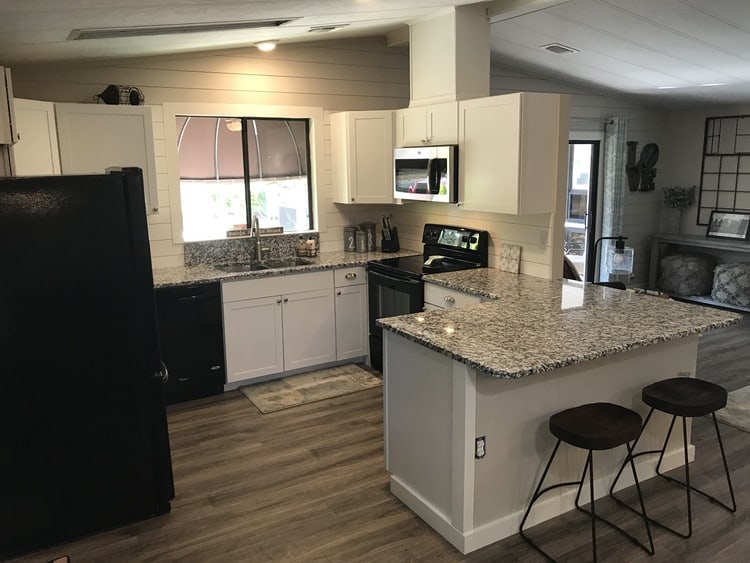 coastal farmhouse mobile home remodel - kitchen bar after