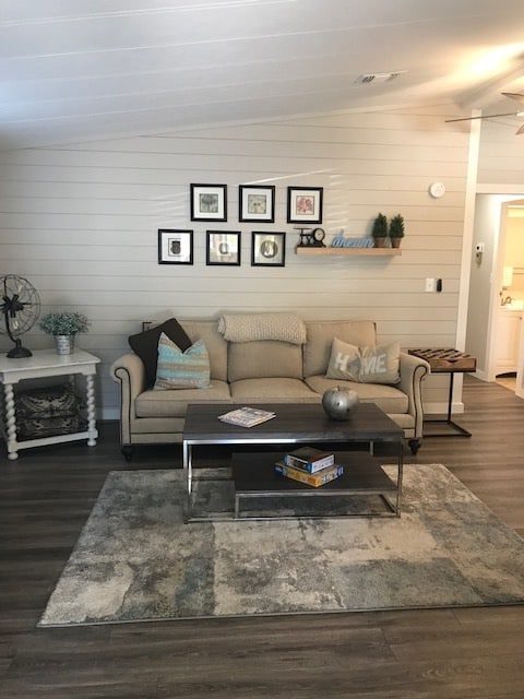 coastal farmhouse mobile home remodel - living room after 2