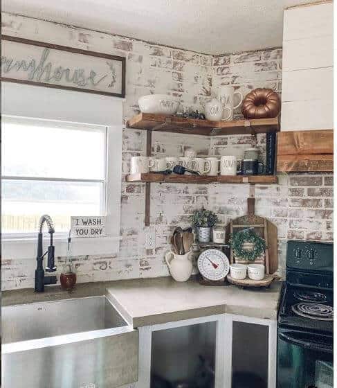 Finished DIY faux brick farmhouse style backsplash 