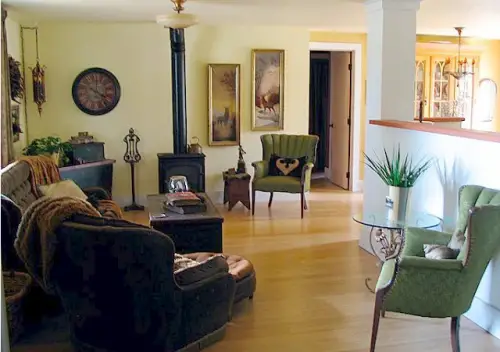 interior designer's manufactured home remodel- living room and stove after
