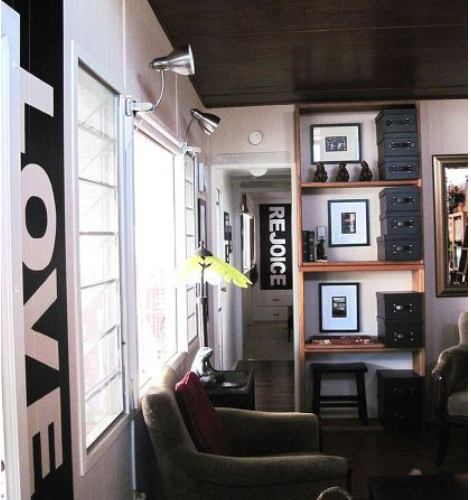 living room after complete remodel in vintage mobile home