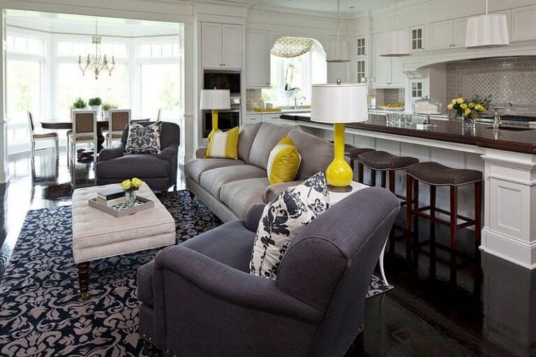 living room decor- grey and yelloow