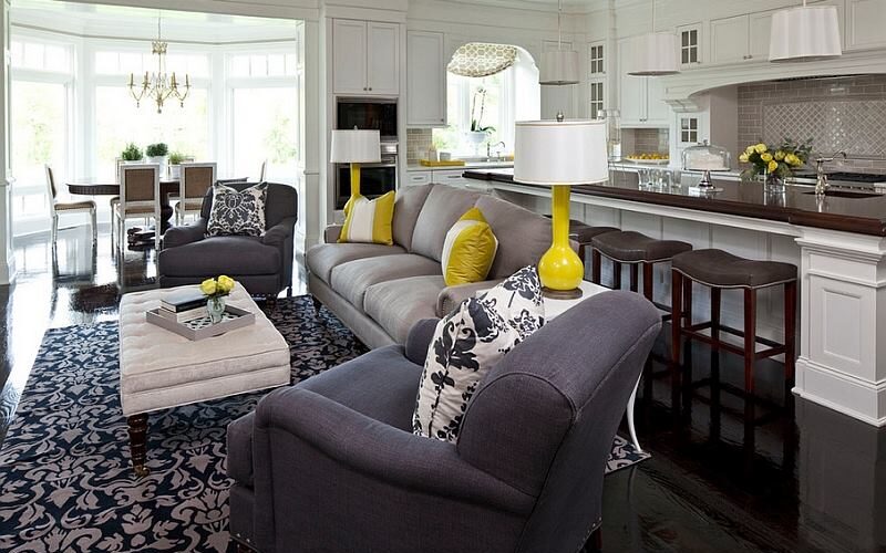 living room decor- grey and yelloow