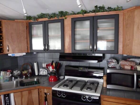 Mobile Home Kitchen With Wood And Gray Cabinets