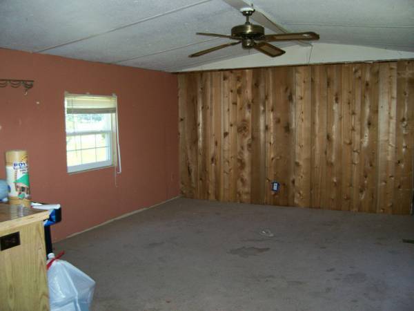 old mobile home before remodel - cedar wall