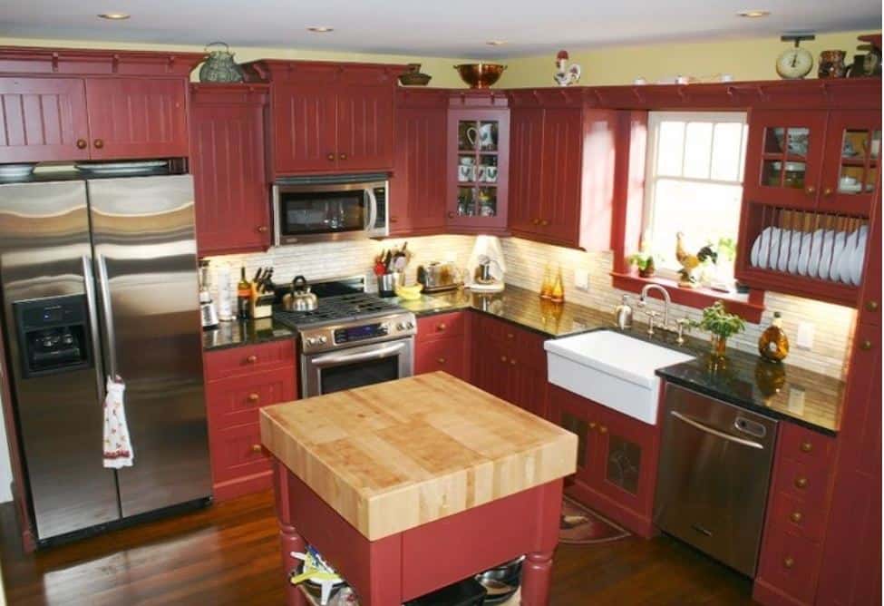red kitchen cabinets farmhouse look