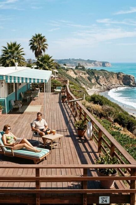 People relaxing on a beachfront deck overlooking the ocean and cliffs.
