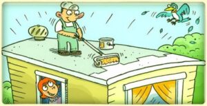 cartoon of man on mobile home with a flat roof