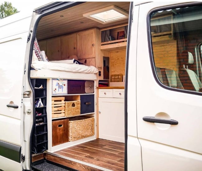storage bins in campervan