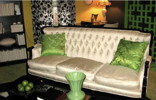 Unique mobile home decor - bright and colorful living room w velvet sofa