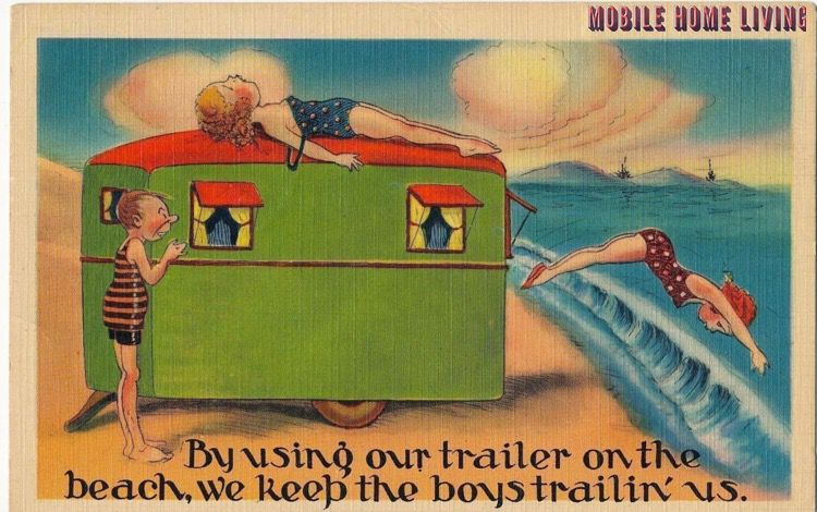 Using Our Trailer On The Beach Postcard 1
