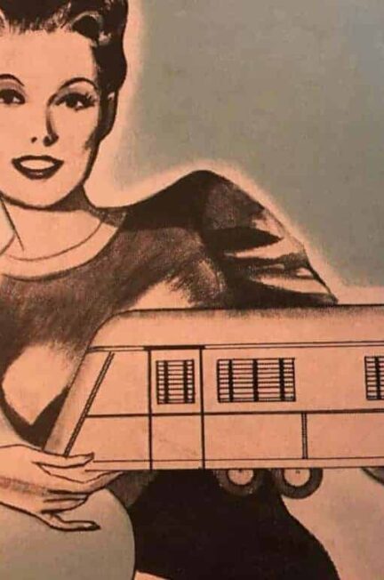 Vintage illustration of a woman holding a model mobile home, retro style.